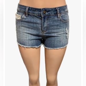Y2K Forever 21 Demin Jean Short Shorts Lace Pocket Detail Frayed Hem 27 festival